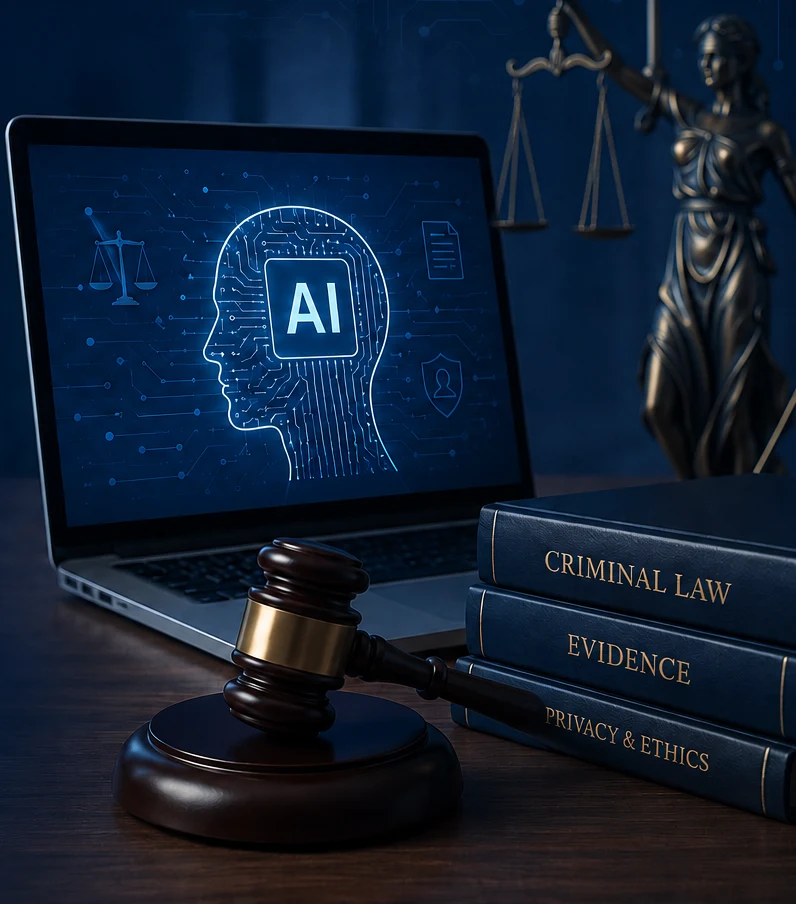 A laptop showing an AI circuit-brain, a judge's gavel, the scales of justice, and law books labeled Criminal Law, Evidence, and Privacy and Ethics