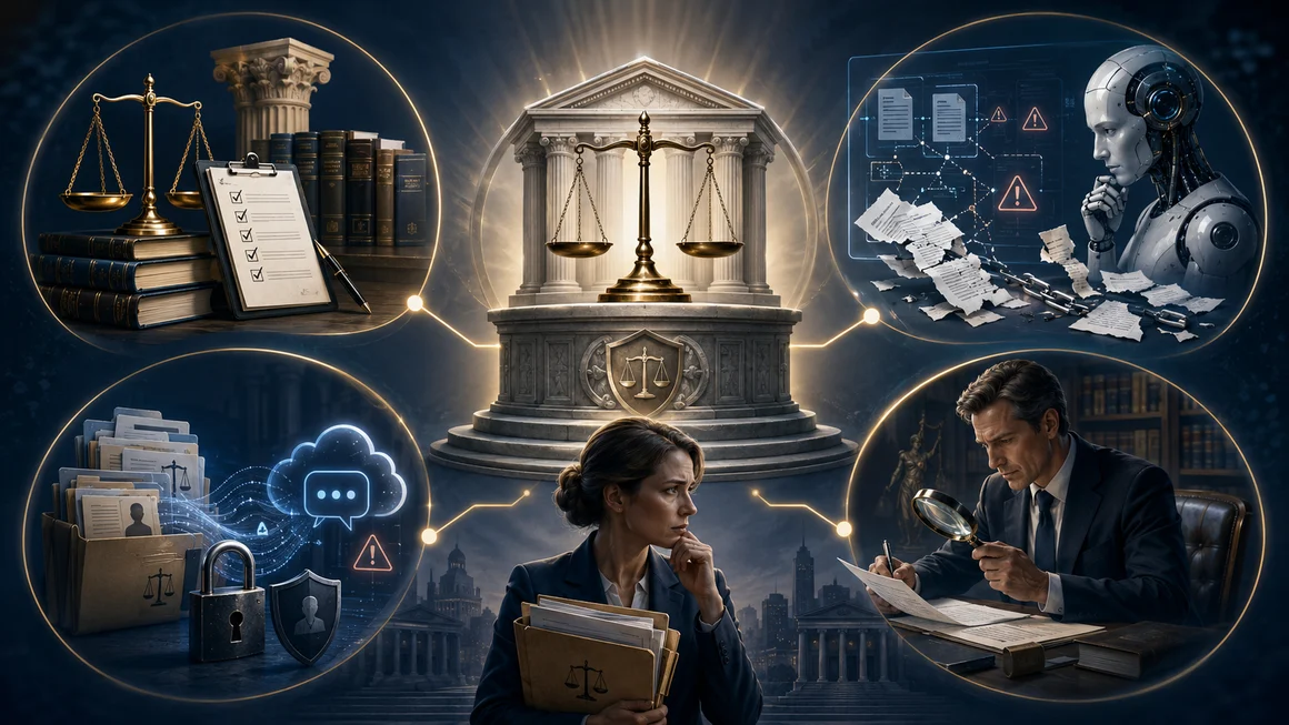 Four ethical themes in defense practice: competence and checklists, AI fabrication risk, confidentiality of client files, and attorney review of output, arranged around the scales of justice.
