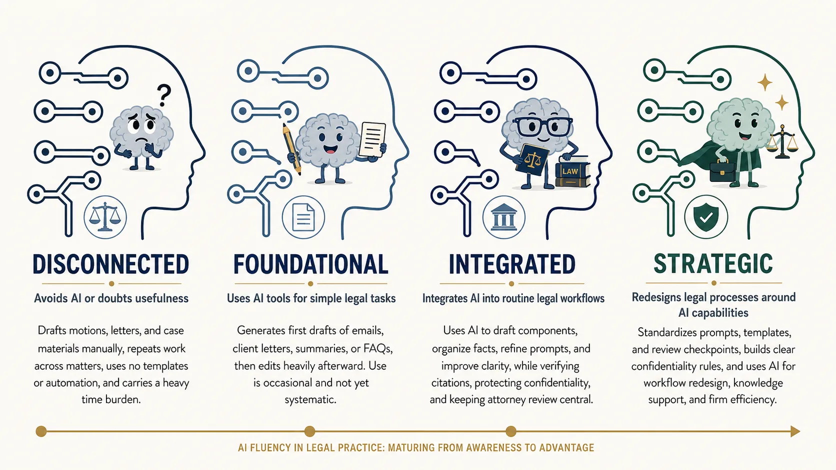 AI fluency in legal practice, maturing from awareness to advantage: Disconnected, Foundational, Integrated, and Strategic stages