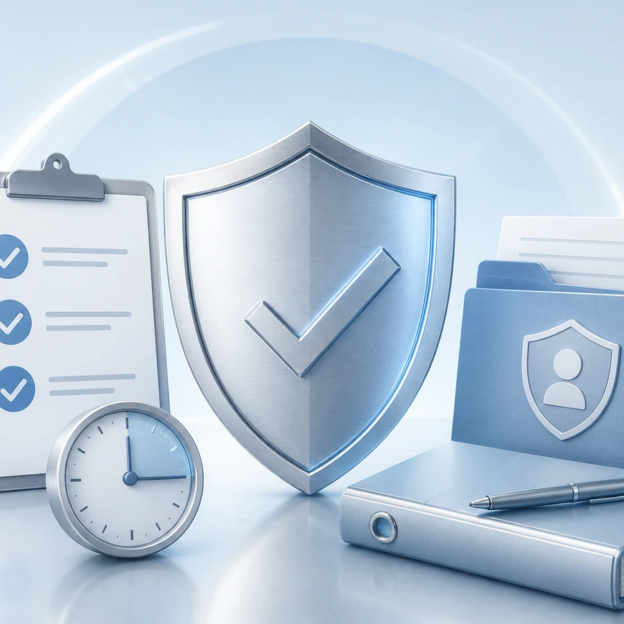 A brushed metal shield bearing a check mark, flanked by a clipboard checklist, a clock, and a client file marked with a privacy badge.