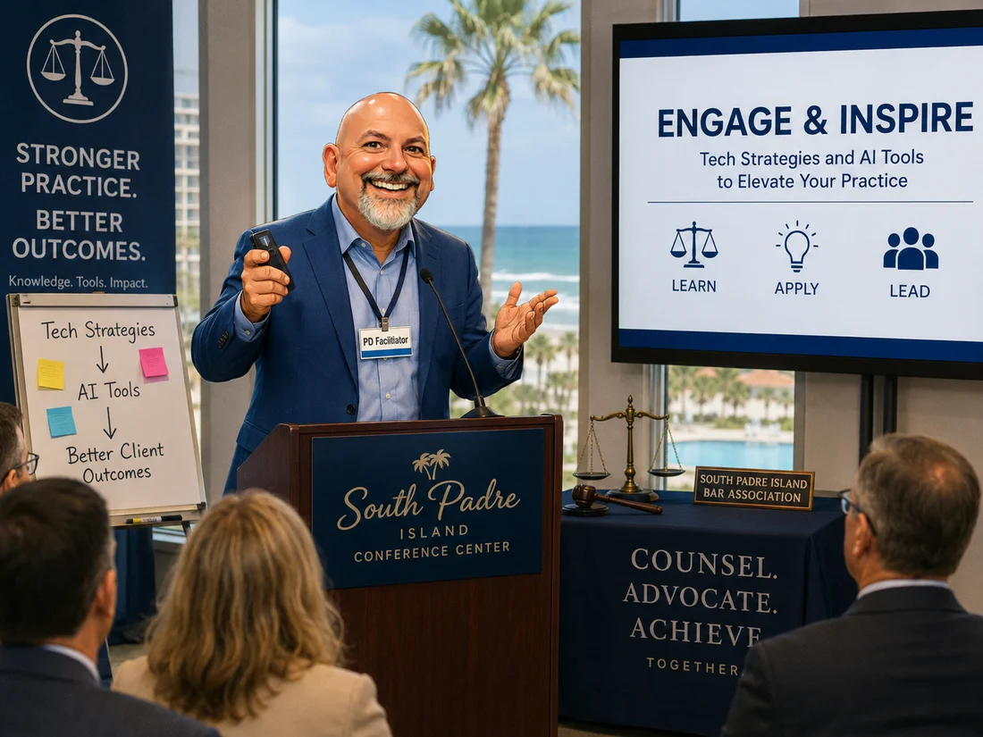 Miguel Guhlin presenting from a podium at the South Padre Island Conference Center