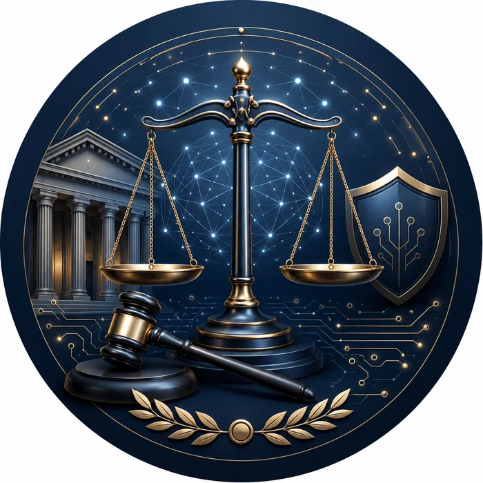 Emblem: scales of justice, gavel, courthouse, and a shield over a network, representing ethical AI in defense practice