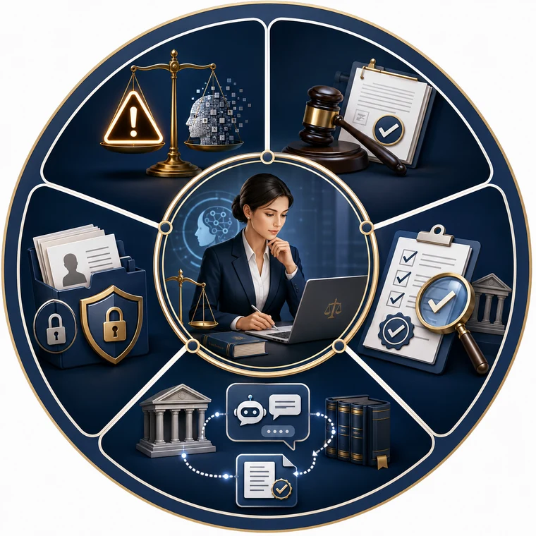 A circular map of the session: an attorney at a laptop at the center, ringed by ethics and bias, candor to the court, verification, source-grounded AI, and confidentiality