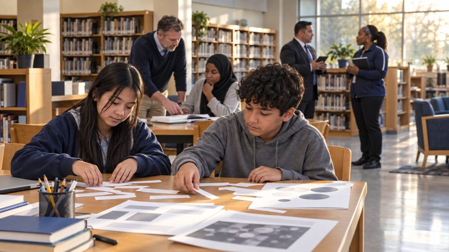 Students, a teacher, a coach, and a principal learning together in a school library