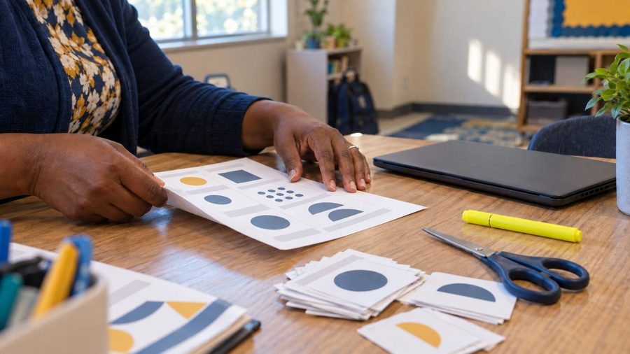 A teacher's hands laying out printed cards, a handout, scissors, and a highlighter on a table