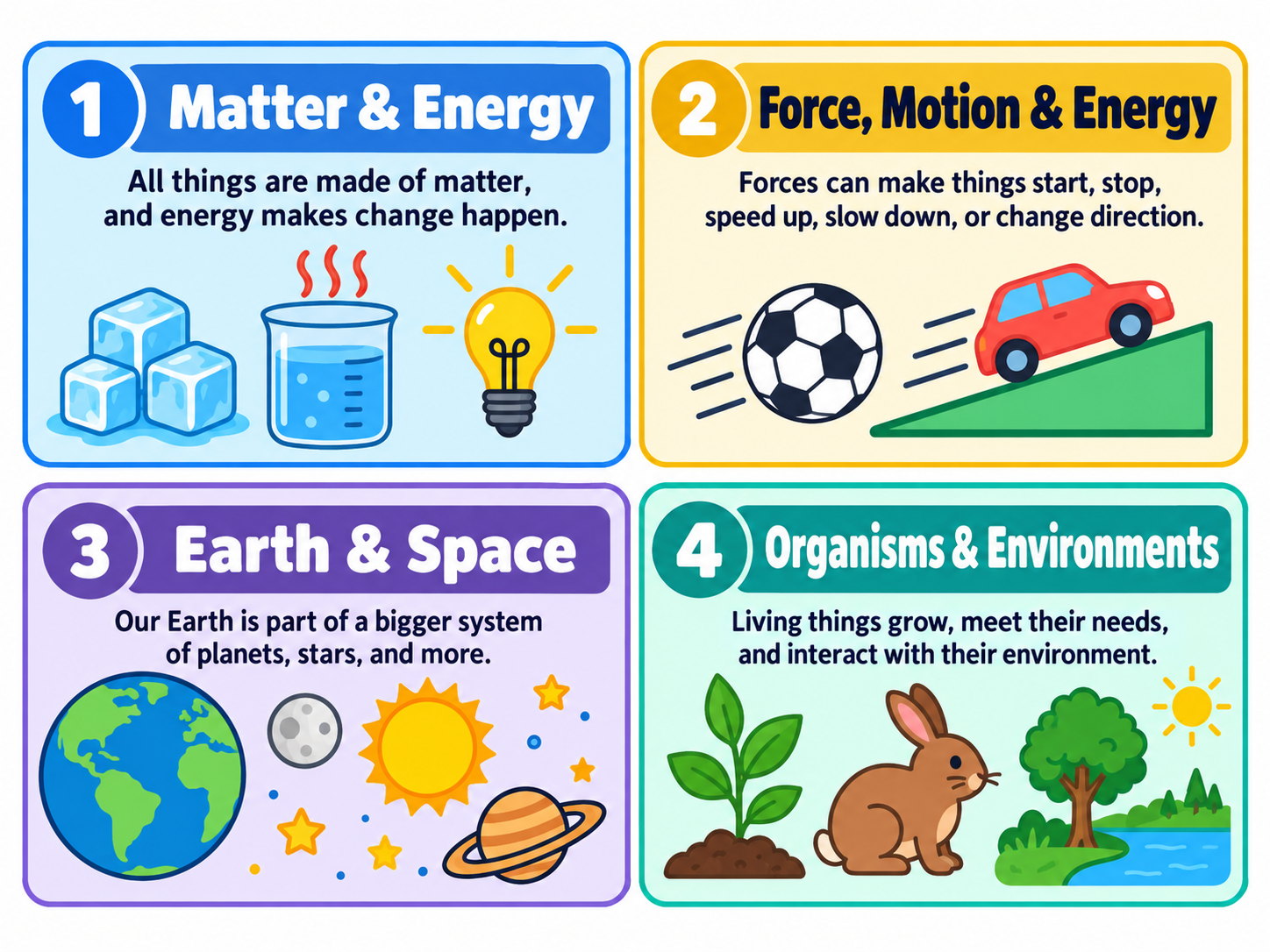 Elementary science STAAR cue-card sheets for grades 3–5 — Matter & Energy, Force/Motion/Energy, Earth & Space, and Organisms & Environments