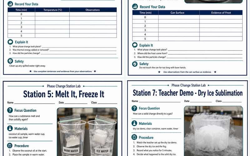 Four printable phase change station lab sheets — melting ice, making frost, melt-it-freeze-it, and dry ice sublimation