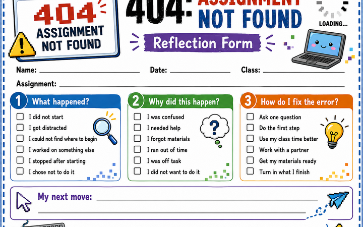 A colorful '404: Assignment Not Found' student reflection form