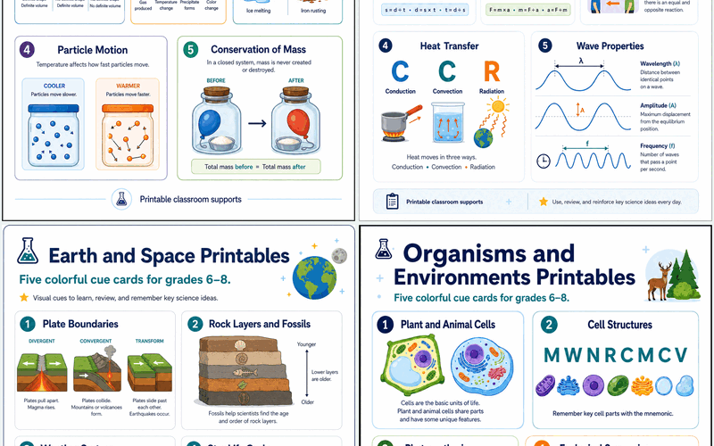 Four printable science cue-card sheets — Matter & Energy, Force/Motion/Energy, Earth & Space, and Organisms & Environments