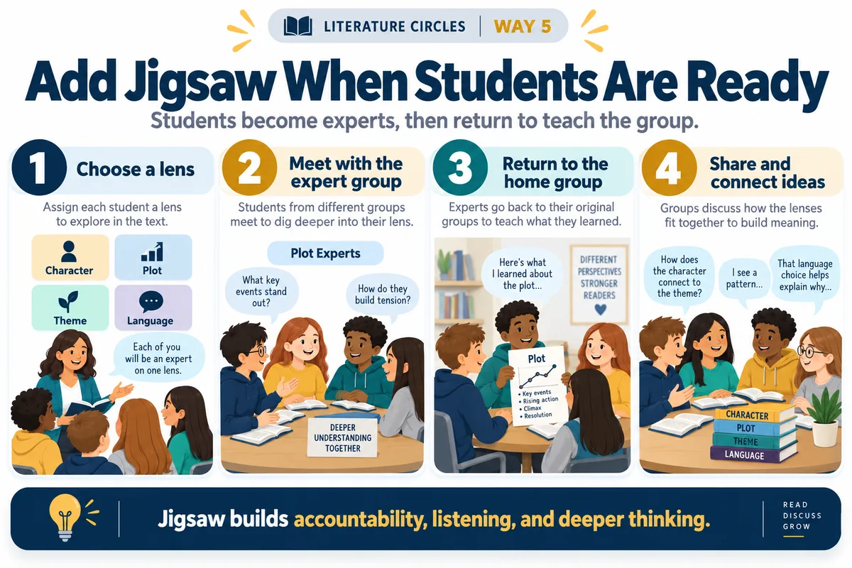 Jigsaw in four steps: choose a lens (character, plot, theme, language), meet with the expert group, return to the home group to teach, then connect ideas.