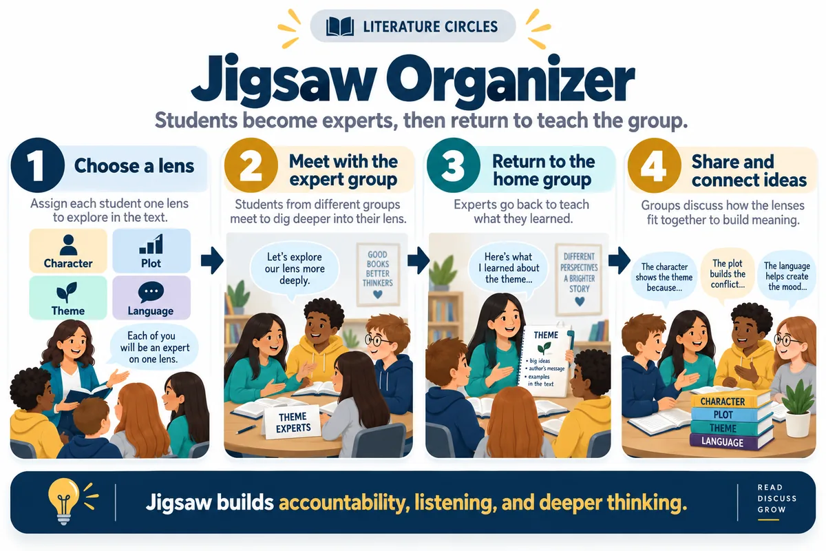Jigsaw Organizer in four steps: choose a lens (character, plot, theme, language), meet with the expert group, return to the home group to teach, then share and connect ideas.