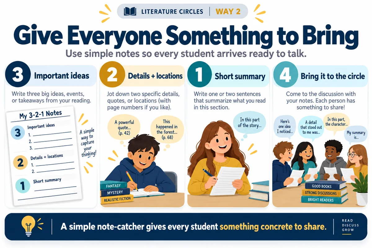 A 3-2-1 note-catcher: three important ideas, two details with locations, one short summary, plus space to bring notes to the circle.