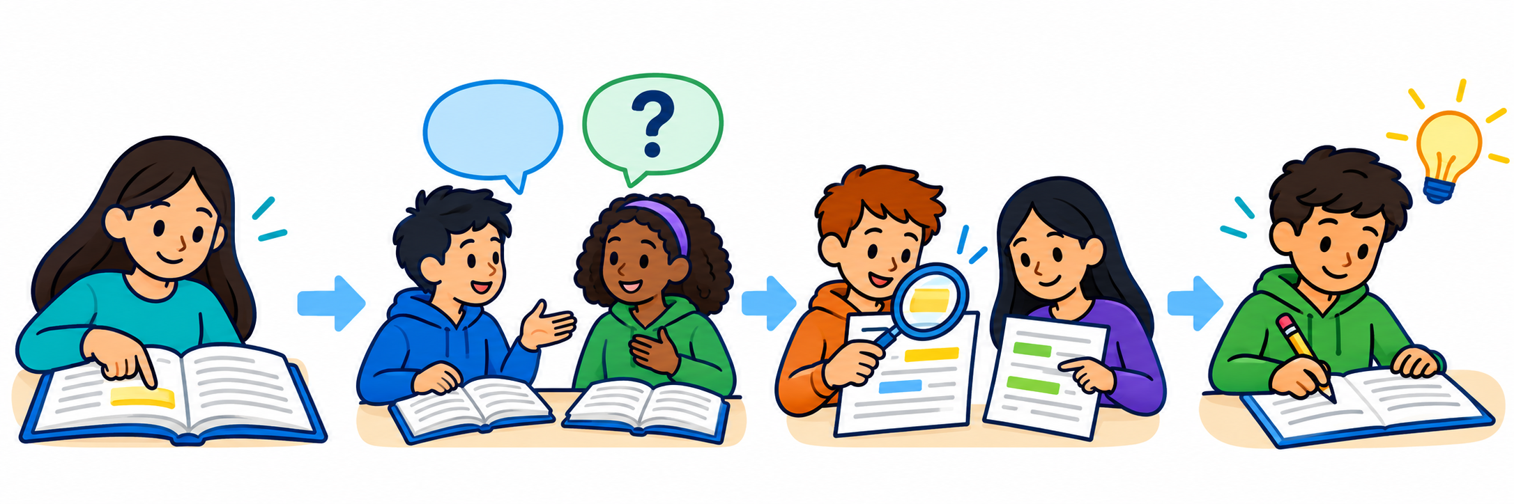 Locate a passage → Ask and clarify → Compare evidence → Summarize