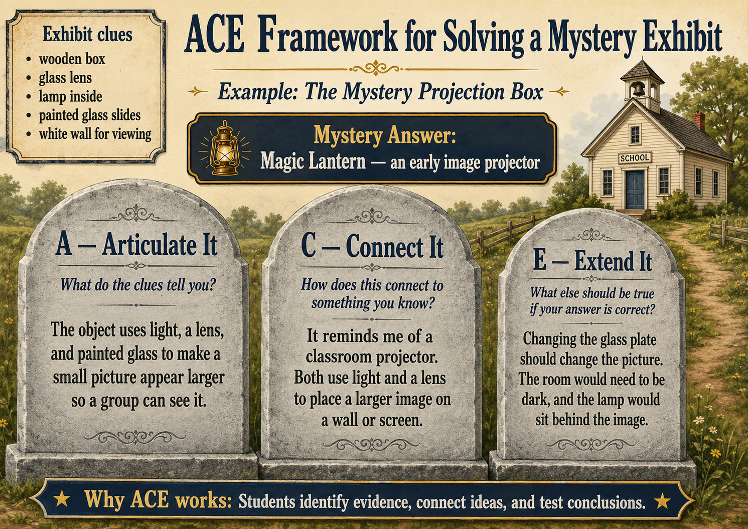 A worked ACE example for a mystery exhibit: exhibit clues point to a magic lantern, with Articulate, Connect, and Extend shown on three headstones.