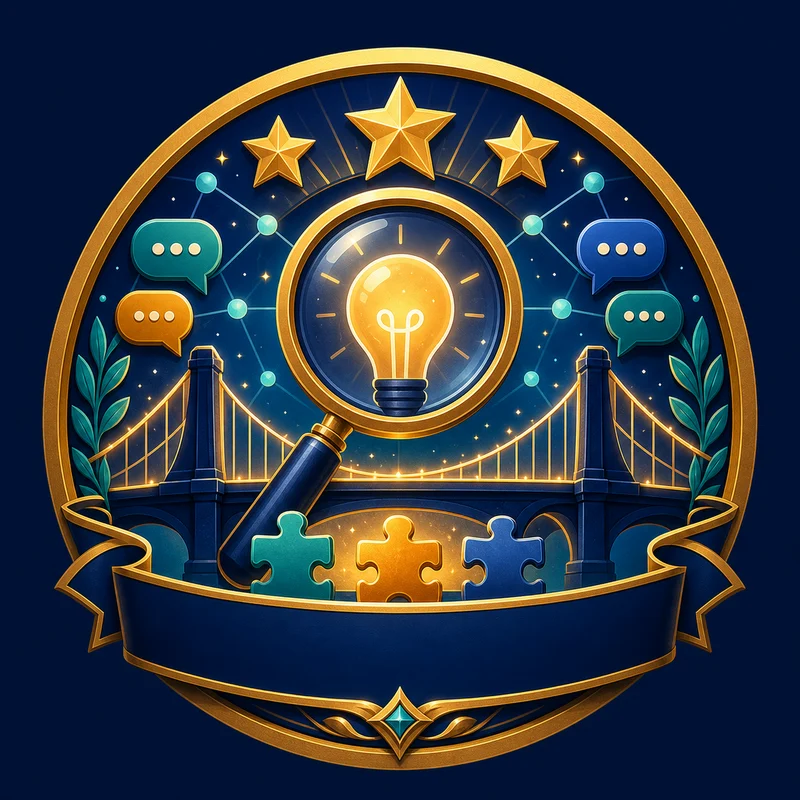 A magnifying glass, lightbulb, bridge, puzzle pieces, and stars form an achievement medallion.