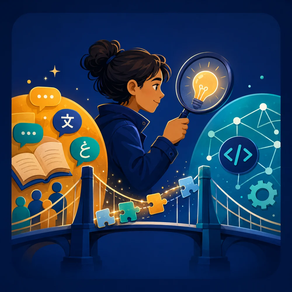 A young clue explorer uses a magnifying glass to connect language, ideas, and technology across a bridge.