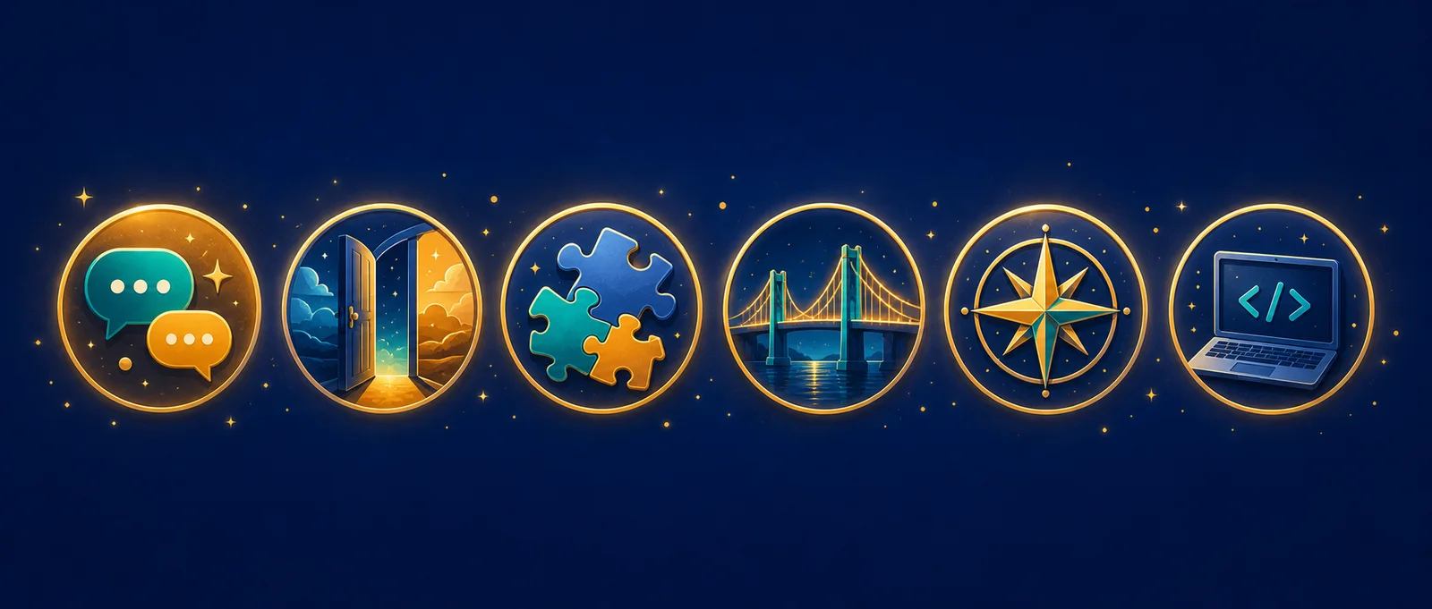 Icons representing language, thresholds, resourcefulness, bridges, knowledge, and classroom technology.